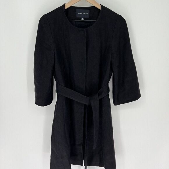 Banana Republic Womens Black Slash Pockets Belted Overcoat Linen Blend Small - Picture 1 of 6